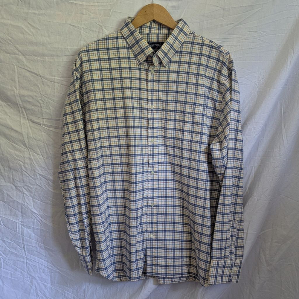 Michaels Button Down Shirt Blue White Orange Plaid Cotton Long Sleeve Mens XL